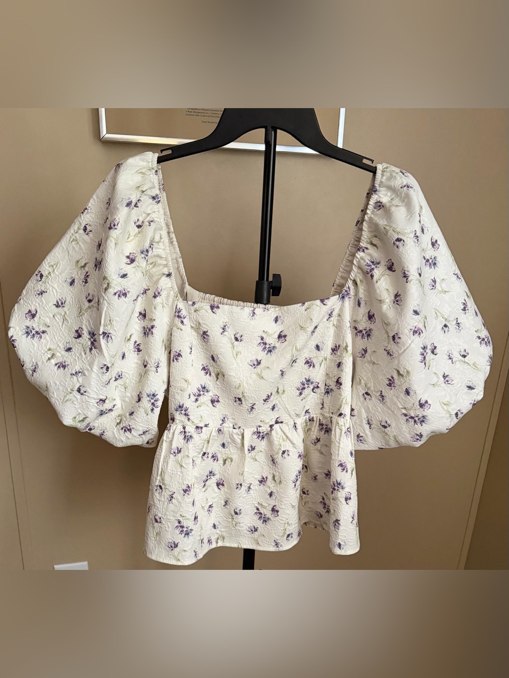 Hyacinth House Puff Sleeve Smocked-Back  Floral Peplum Babydoll Top Size XL